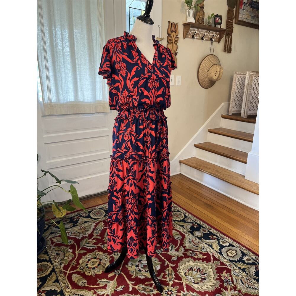 CHICOS Sz 0 Maxi Dress US 4 S Flutter Sleeve Smocked Waist Damask Floral Tier - Picture 2 of 11